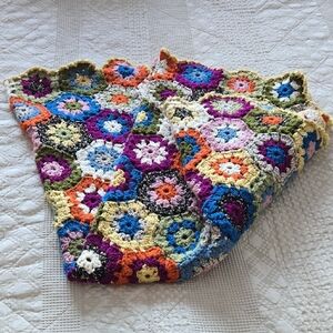 Colorful Vintage Hexagon Crochet Afghan Blanket 54" × 47" Cottagecore